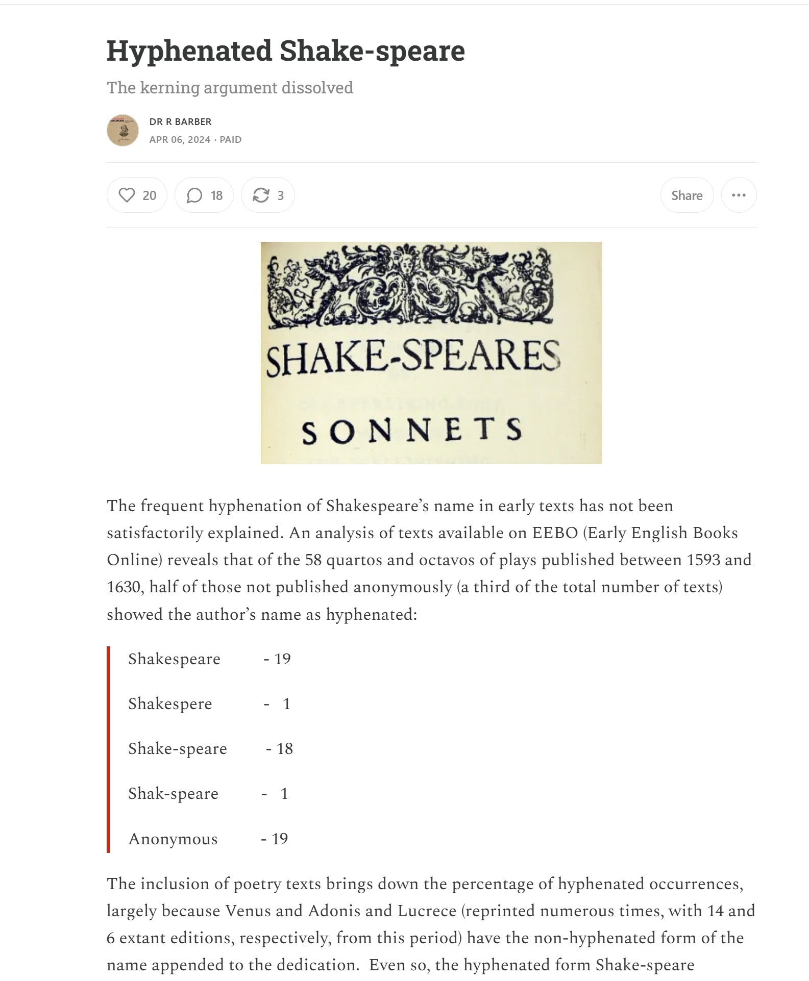In her Doubter substack, Ros Barber tries to tackle the hyphen issue where, frankly, both sides have often been guilty of overelaborate explanations. Doubters have to preserve the idea that hyphens are a clue to pseudonyms. Barber’s EEBO search finds 18 instances of hyphenated Shake-speare but she is trying to weigh that count off against similar numbers for other title pages where the hyphen is omitted and the similar number anonymous editions. She is not trying to illuminate the underlying reasons for the hyphen in practice here but to reveal only selective, shaped data helpful to keeping alive the idea that names on title pages cannot be relied upon.